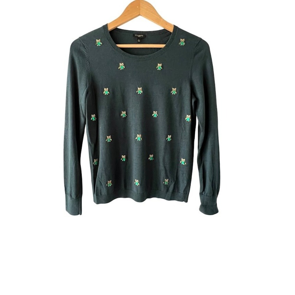 Green Owl Jewel Embellished Crewneck Sweater SP Womens Forest Talbots Petite